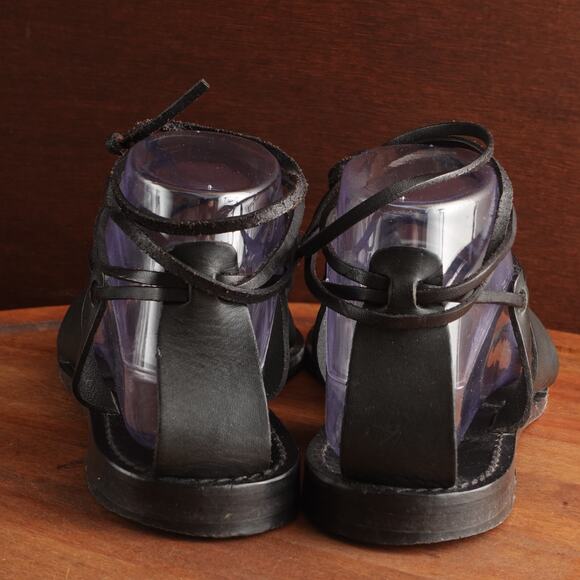 Club Monaco Sandals WMS SZ EU 37 US 6.5 BLK Leather Ankle Wrap Flat Boho Shoes - Picture 7 of 14